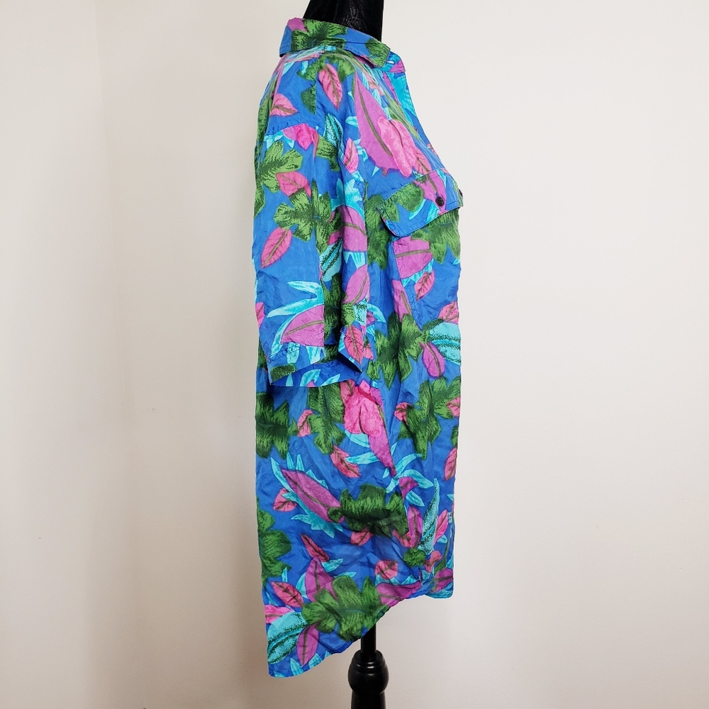 Vintage Silk Blouse Size 1X Button Up Shirt Tropical Blue Pockets Leena Studio - Picture 3 of 12